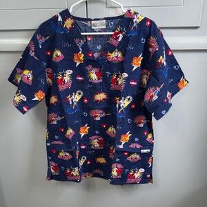 UA Scrubs Navy Blue Comic Print Women’s Medical Scrub Top